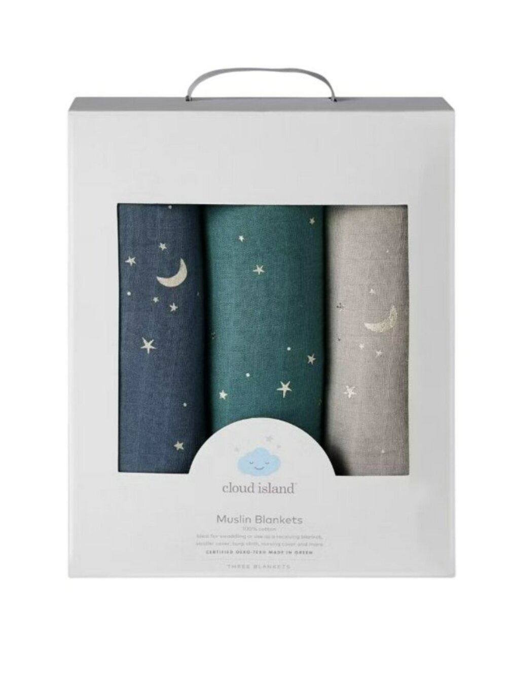 Cloud Island Muslin Blankets Set Of 3 Moon & Stars Print 100% Cotton 47"x47" New